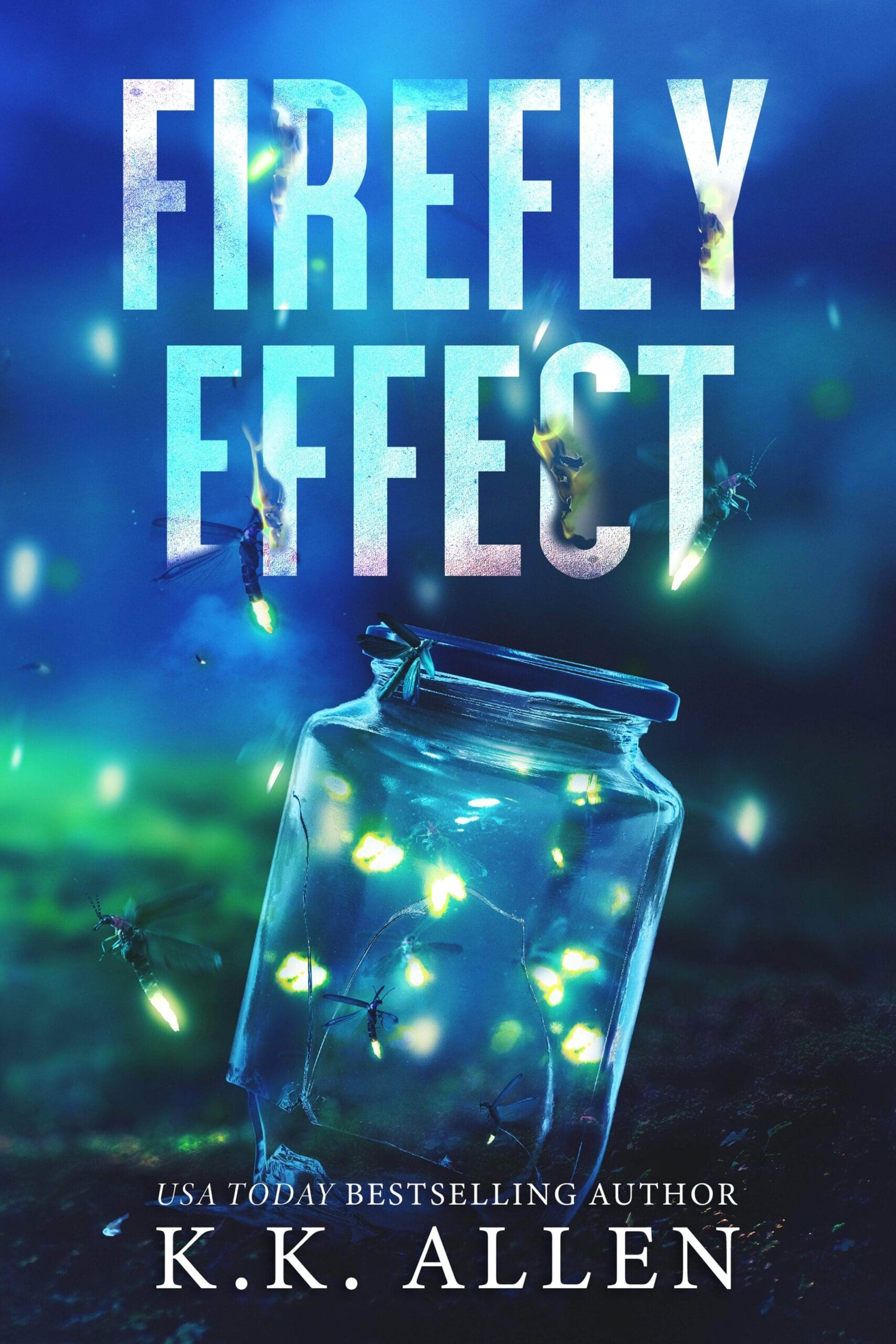 Blue and green book cover for Firefly Effect by K.K. Allen with a jar of fireflies lighting up and flying out of the jar sitting on grass